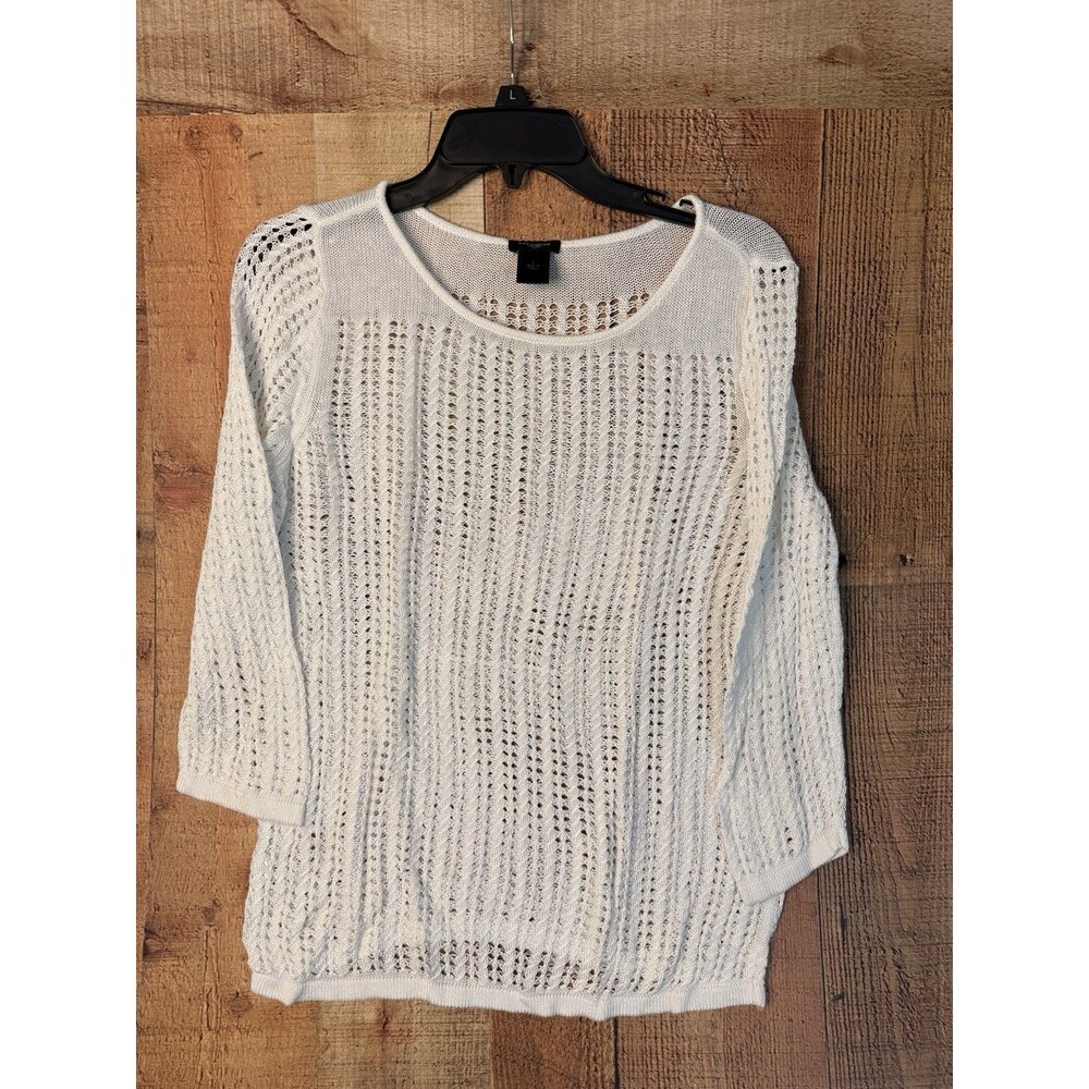 Ann Taylor White Open Knit Sweater L Pointelle Coastal Grandma Boho Crochet Top